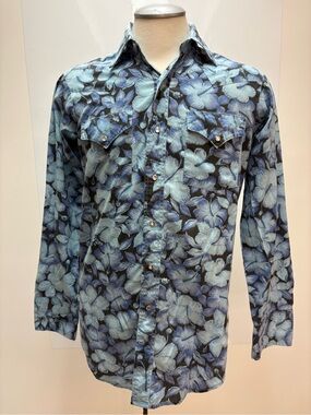 Vintage MWG Western Wear Hibiscus Floral Print Shirt Pearl Snap Buttons Mens Med